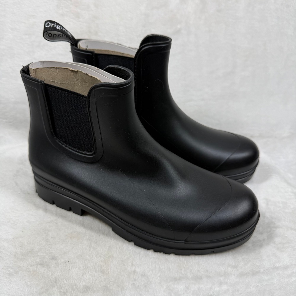 Planone Womens Chelsea Rain Boots Black Rubber Waterproof Ankle Lug Sole 37 US 7